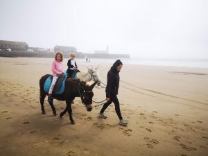 2 girls are riding donkeys which are being led along the beach