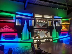 Brightly coloured lights light up this gigantic organ